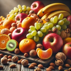 Šareno sezonsko voće idealno za post i iftar  – jabuke, banane, narandže i grožđe – lagano posuto hrskavim orašastim plodovima, smješteno na rustikalnoj drvenoj površini s naglaskom na teksturu i svježinu.