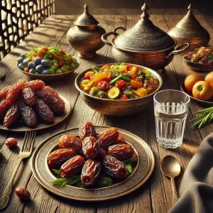 Ramazanski iftar elegantan prikaz tradicionalne gozbe na drvenoj površini – tanjir luksuznih hurmi, čaša bistre vode, šarena povrtna salata i posuda s bogatim bosanskim loncem, sve u toplom prirodnom osvjetljenju.