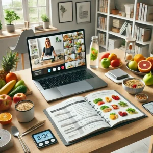 Online nutricionista Bijeljina – radni prostor sa laptopom i zdravim obrokom.