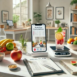 Online nutricionista Doboj – radni prostor sa pametnim telefonom i zdravim obrokom.