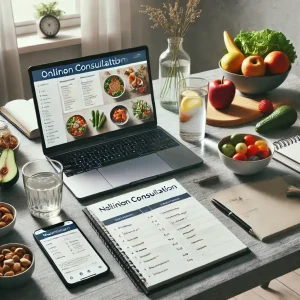 Radni prostor online nutricionista Mostar, laptop sa stranicom za nutricionističke konsultacije, notepad s rukom.