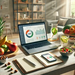 Radni prostor online nutricioniste Sarajevo sa laptopom, bilježnicom i zdravim namirnicama.