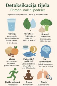 lustracija sa tekstom 'Detoksikacija tijela – prirodni načini podrške' i prikazom faktora poput hidracije, sna, upravljanja stresom, fizičke aktivnosti i unosa vlakana