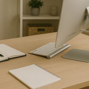 Profesionalni ured nutricioniste s drvenim stolom, svježim namirnicama i računarom, idealan za online konsultacije – najbolji nutricinista Zenica.