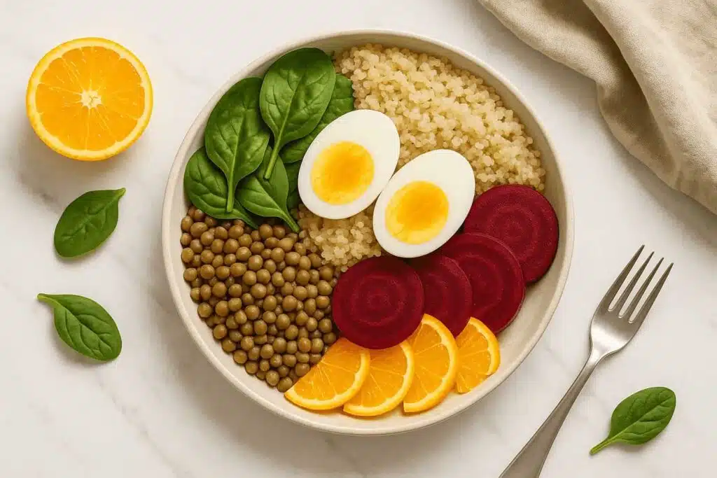 Nutritivan obrok za anemiju sa jajetom, cveklom, narandžom, rižom i graškom